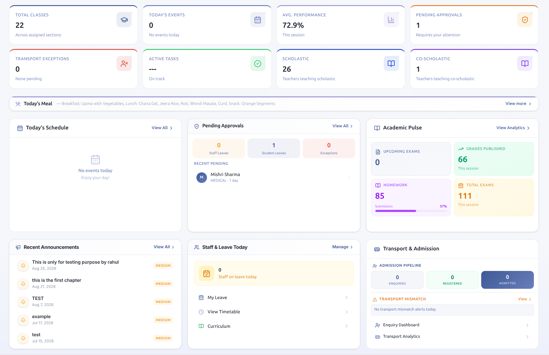 SAZO principal dashboard showing total classes, average performance, pending approvals, academic pulse and transport & admission overview