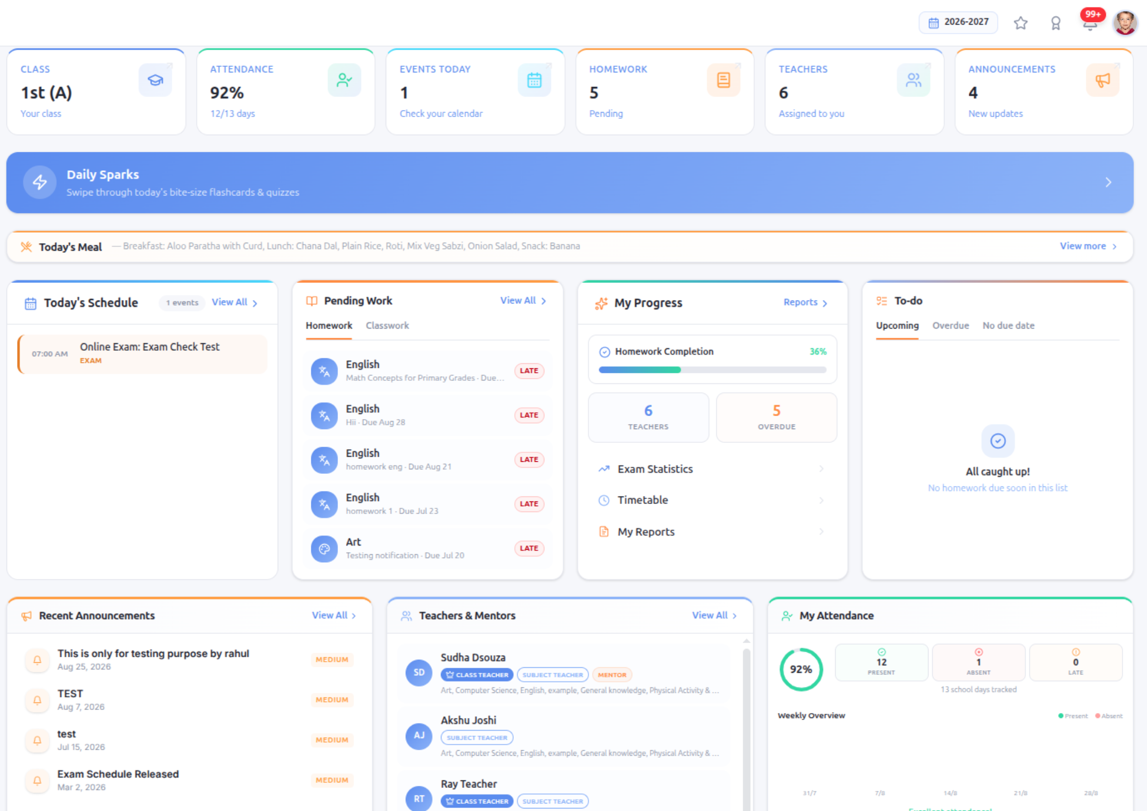 SAZO student dashboard showing class attendance, homework, today's schedule and teacher announcements